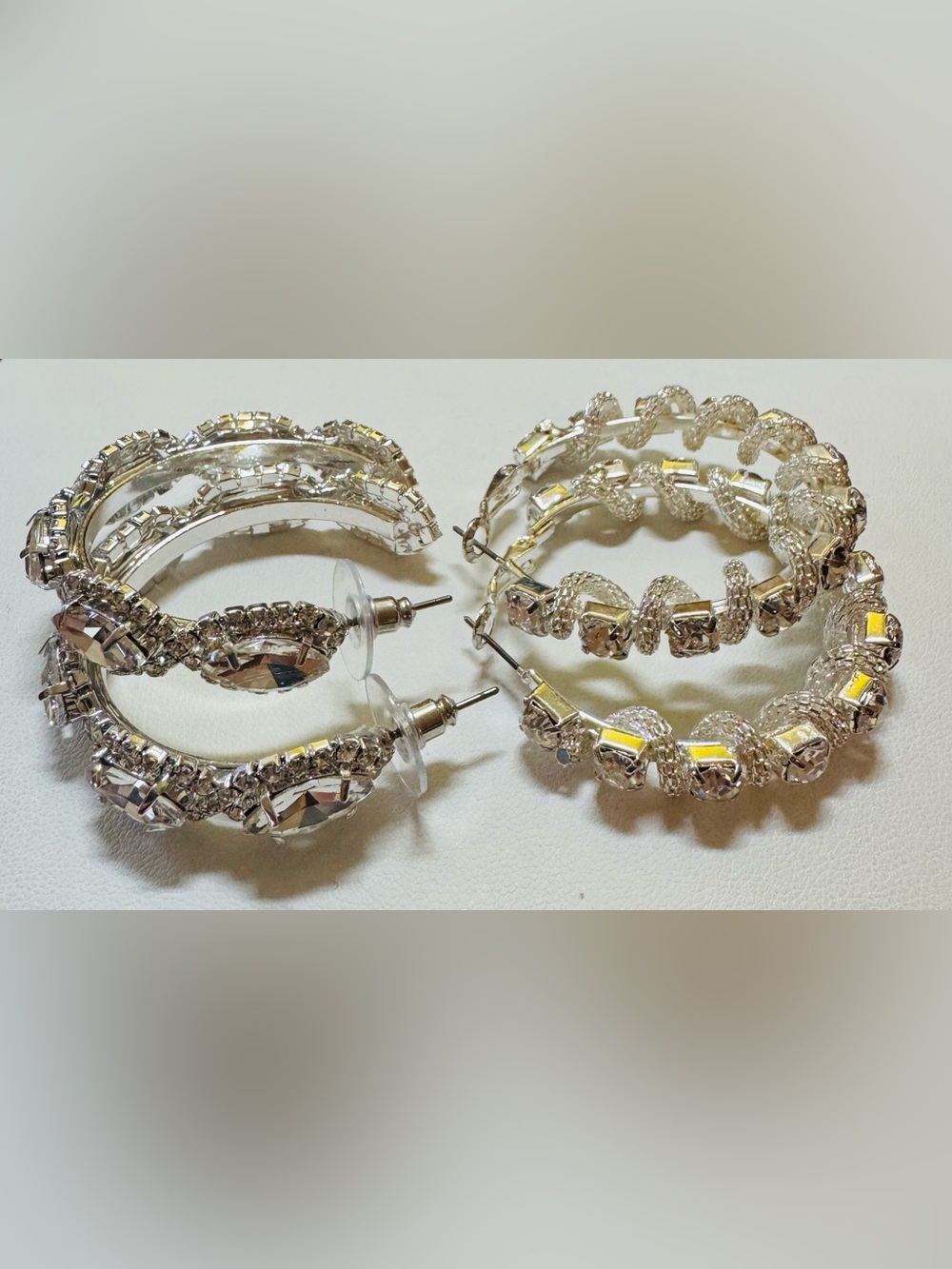 Silver Tone Crystal Rhinestone Hoop Earrings Set of 2